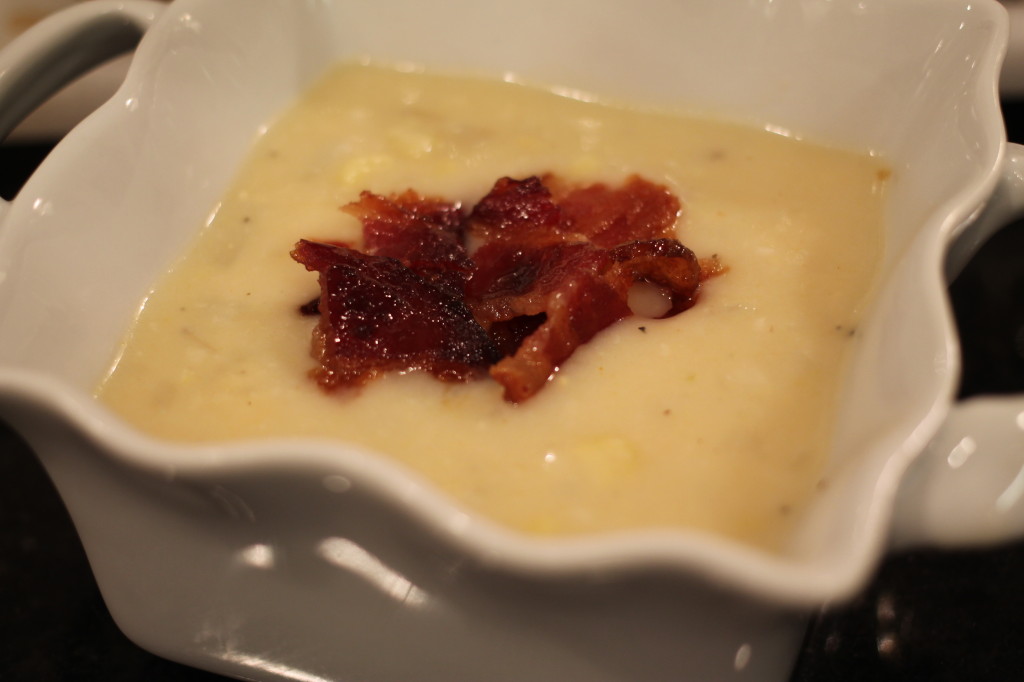 corn chowder with candied bacon